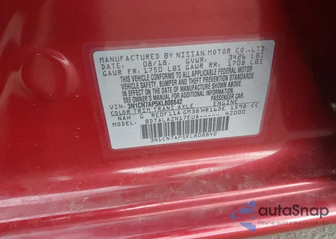 2019 Nissan Versa 1.6 S+ из США, поврежденный, VIN 3N1CN7AP5KL808842